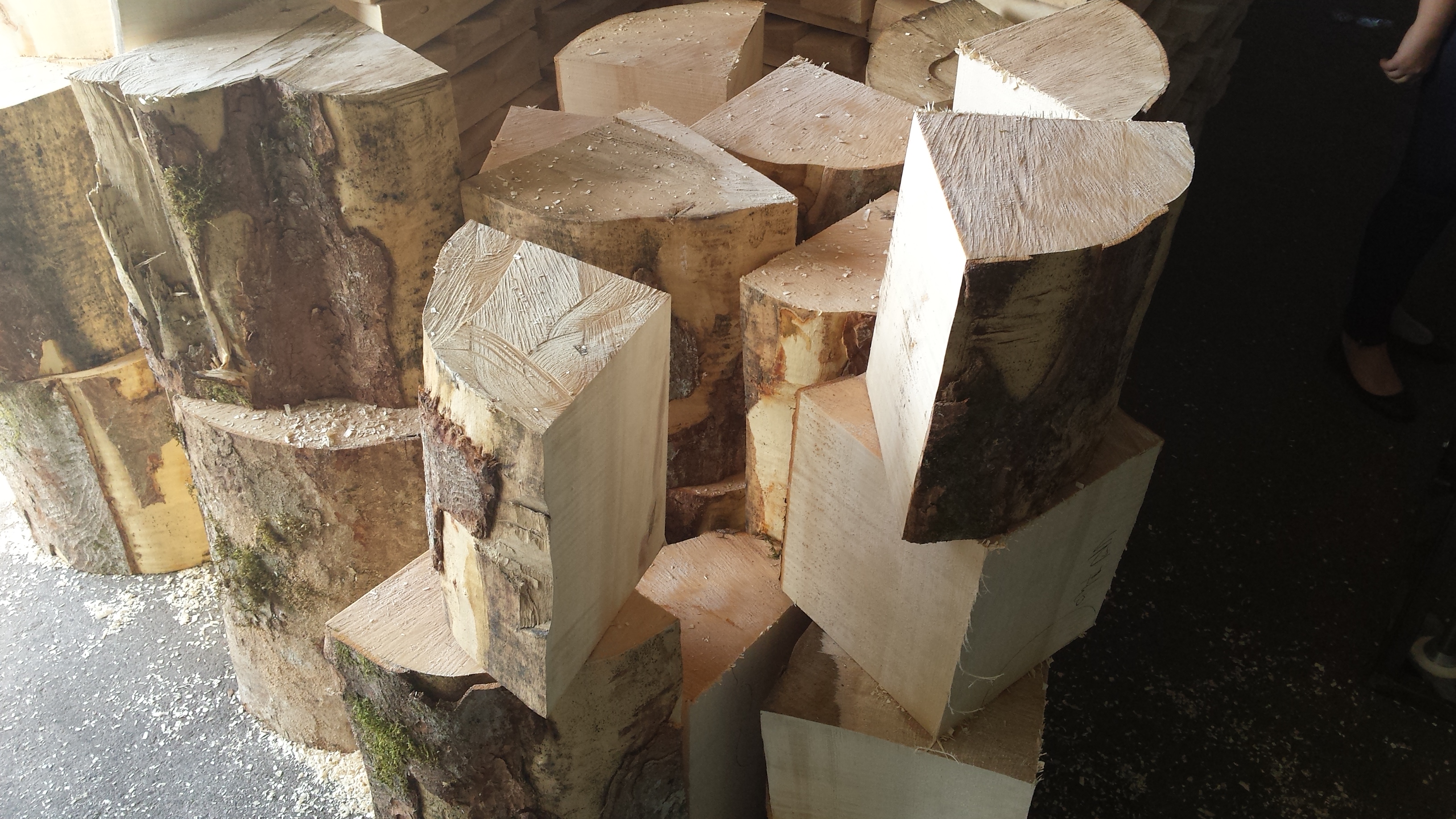 Stacks of sectioned tonewood spruce, waiting to be selected